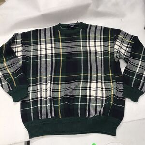 Nautica Vintage 90s Knit Plaid Crewneck Grandpa Windowpane Sweater Siz XL Tartan